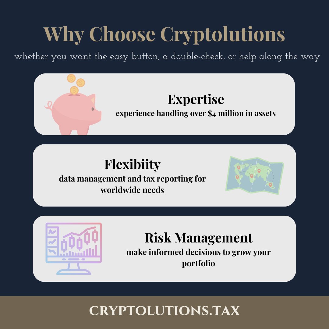 CryptolutionsTx's tweet image. full service cryptocurrency tax preparation, accounting and data management 
#cryptotaxhelp #cryptotax #cryptolutions #cryptotaxes #crypto #cryptocurrency #investments #taxcompliance