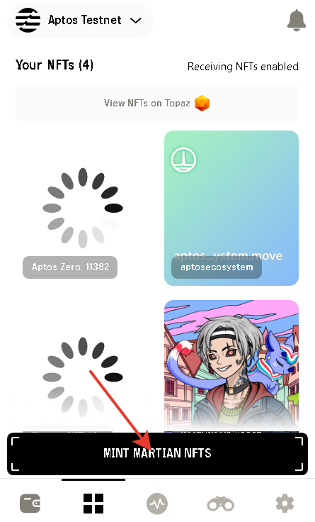 crypto_cipher01's tweet photo. Minting NFT on the test Aptos network from @martian_wallet 

1. Update the wallet to the latest version 1.3.9
2. Connect  test Aptos network in the wallet
3. In the wallet, go to the NFT tab
4. Mint Martian NFTs
5. Go to https://t.co/qx2qC9tnB0
6. Connect the wallet
7. Mint NFT https://t.co/24cWAos233