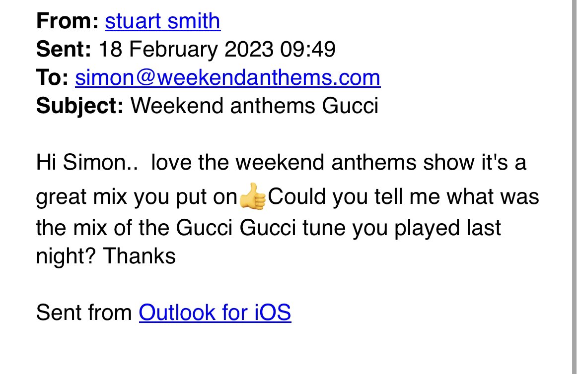 SimonMarshallDJ's tweet photo. This was waiting for me in my inbox today. Genuinely chuffed that people enjoy the show I put together each week. #weekendanthems #syndicatedradioshow #dancemusic #oldskool #throwbacks https://t.co/oVKkzi2yFr