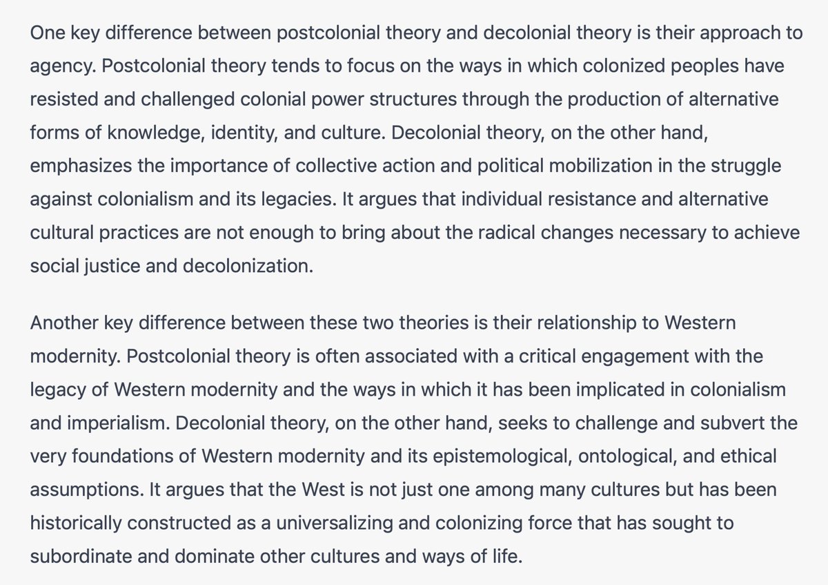 So I asked ChatGPT (artificial intelligence) to compare decolonial and postcolonial theory. This is what it wrote.