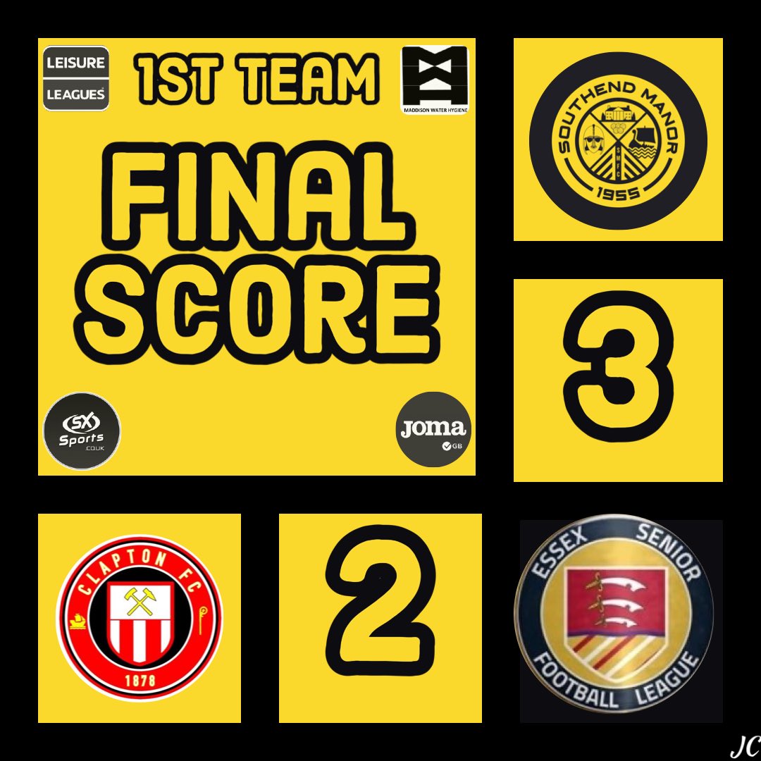 SouthendManorFC's tweet photo. 🟡FINAL SCORE🟡

Manor get their 1st home league win of the season. @ClaptonFootball pushed all the way and it took a 96th minute winner from manager @KudusOyenuga to secure 3 valuable points for @SouthendManorFC in the @EssexSenior League

#upthemanor 💛 https://t.co/VQwYCQc76D