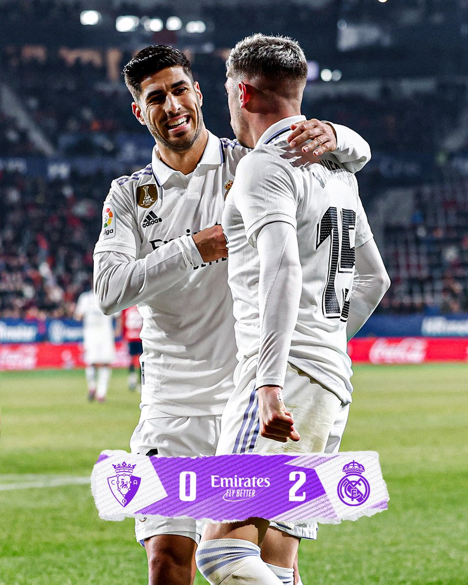 realmadrid's tweet photo. 🏁 FP: @Osasuna 0-2 @realmadrid
⚽ @fedeevalverde 78', @marcoasensio10 90+1'. 
#OsasunaRealMadrid | #Emirates https://t.co/uVxOsUeXEk