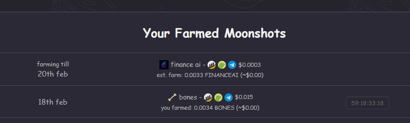 Moonshots Farm (formerly Squirrel) (@moonshotsfarm) on Twitter photo Our moonshots weekly $BONES farming has now ended, so you can see how many your $CAKE (or $BANANA & $BSW) farmed over past 2 days! π§βπΎ
Next moonshot selected by community to farm is
<a href="/FinanceAIGlobal/">Finance AI</a>'s #FINANCEAI token! πΈ #bsc
π moonshots.farm ππ FARM NOW Our moonshots weekly $BONES farming has now ended, so you can see how many your $CAKE (or $BANANA & $BSW) farmed over past 2 days! π§βπΎ
Next moonshot selected by community to farm is
<a href="/FinanceAIGlobal/">Finance AI</a>'s #FINANCEAI token! πΈ #bsc
π moonshots.farm ππ FARM NOW