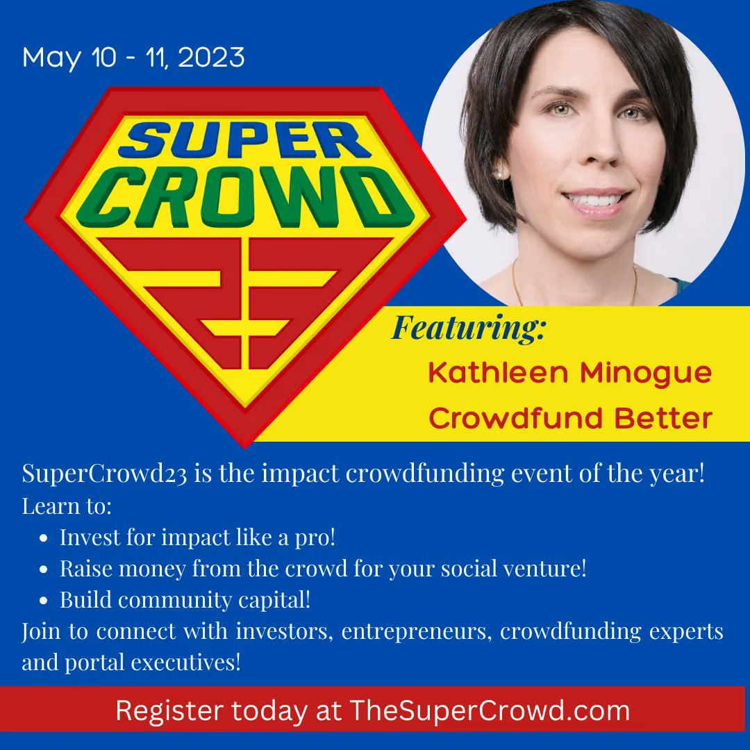 SuperCrowd (@thesupercrowd) on Twitter photo We're excited to announce that <a href="/kathleenminogue/">Kathleen Minogue</a> <a href="/crowdfundbetter/">Crowdfund BetterĀ®</a> will be speaking at #SuperCrowd23. Take advantage of early bird pricing today. supercrowd22.com
<a href="/devindthorpe/">Devin D. Thorpe</a> #communitycapital #impinv #socent We're excited to announce that <a href="/kathleenminogue/">Kathleen Minogue</a> <a href="/crowdfundbetter/">Crowdfund BetterĀ®</a> will be speaking at #SuperCrowd23. Take advantage of early bird pricing today. supercrowd22.com
<a href="/devindthorpe/">Devin D. Thorpe</a> #communitycapital #impinv #socent