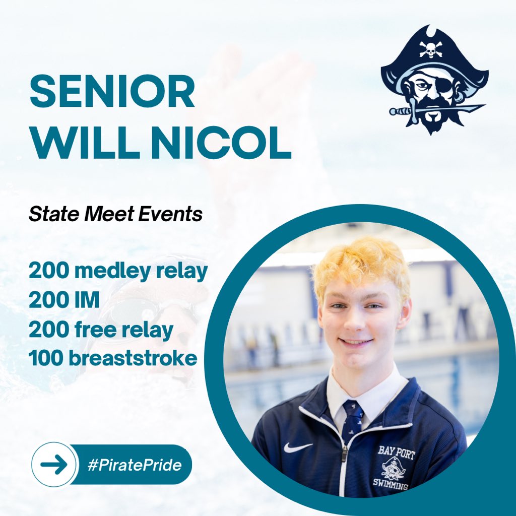 🚨 200 IM results 🚨 

The Pirates place two in the top 10! Senior Turner Long was 7th in 1:53.18 and classmate Will Nicol was 10th in 1:56.30. 

Both times were lifetime bests (and strong arguments for bleached hair.)