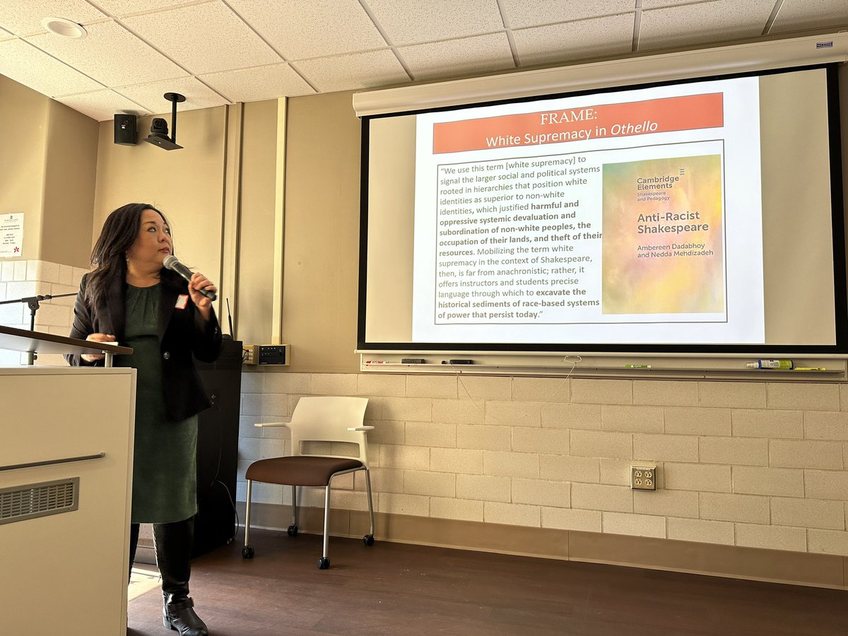 Carol Mejia-LaPerle citing a framework <a href="/prof_nmehdiz/">Dr. Nedda Mehdizadeh, PhD 🌸 ندا مهديزاده</a> and I offer in “Anti-Racist Shakespeare.” She also asked us to think about the white perceptions that frame so much of what we consider knowledge. #ShakeRace <a href="/MedRenOSU/">MRGSA OSU</a>