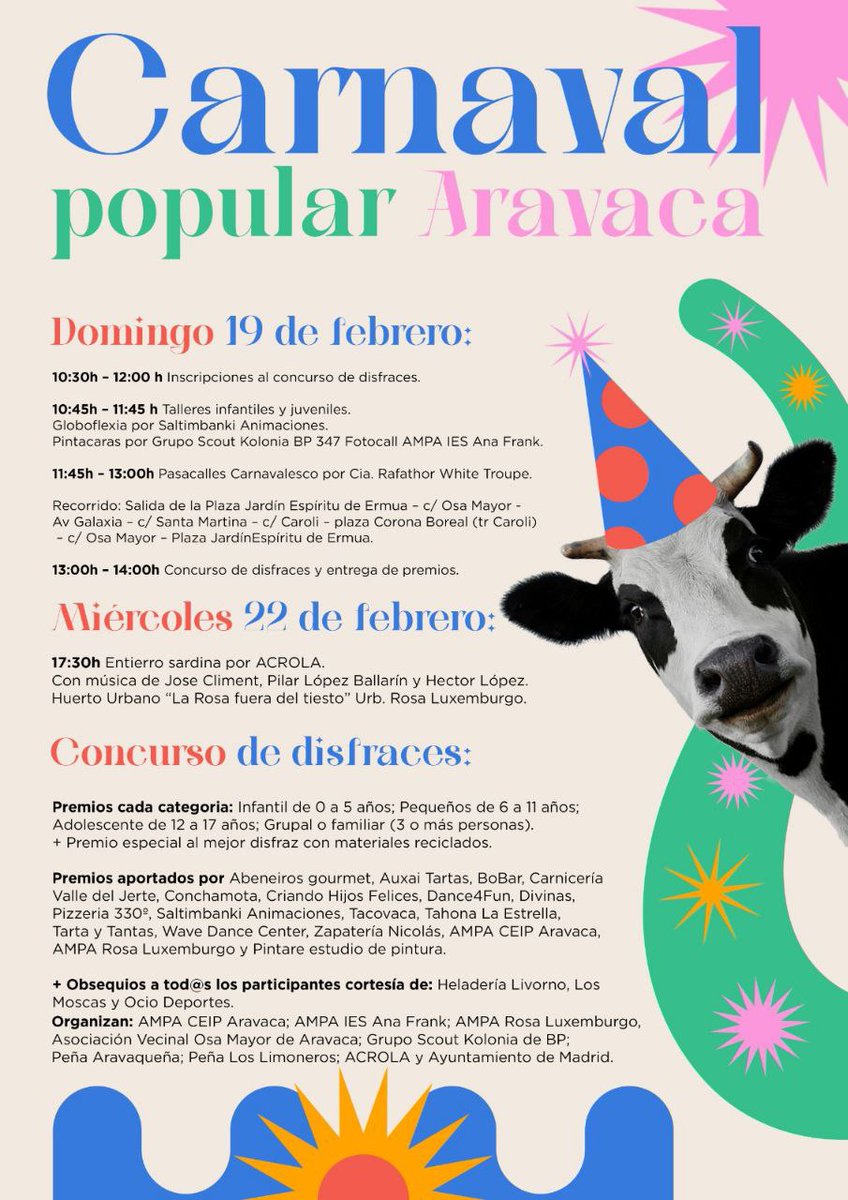 ¡Os esperamos mañana en el Jardín Espíritu de Ermua, en la c/ Zarza para celebrar el carnaval popular de Aravaca!