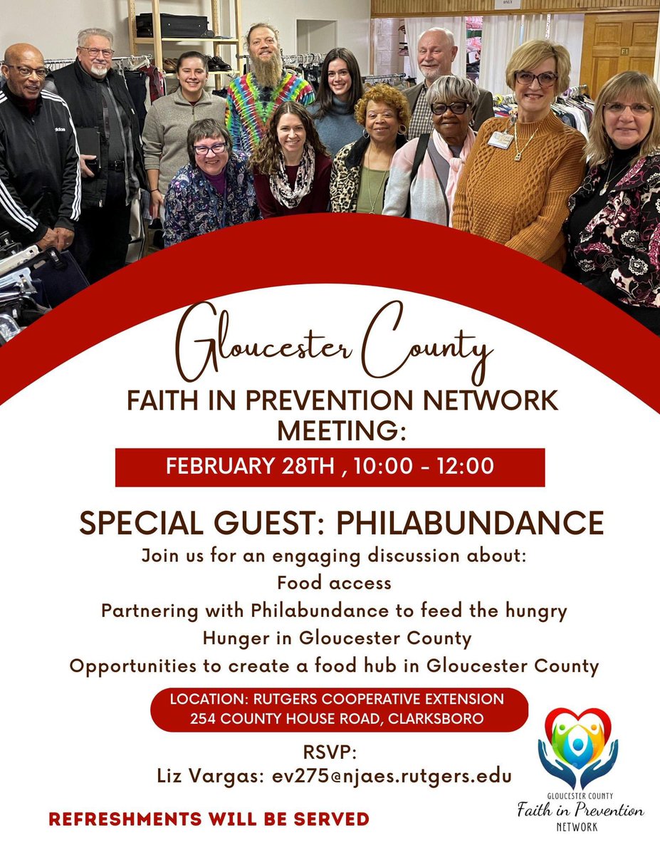 FCHSNutraChick's tweet photo. Faith communities and faith leaders can b instrumental in building healthier communities. Join us on 2/28 for r next Faith in Prevention meeting. @uwgcnj @GloucesterCoNJ  @Philabundance https://t.co/k5D4HipH6g