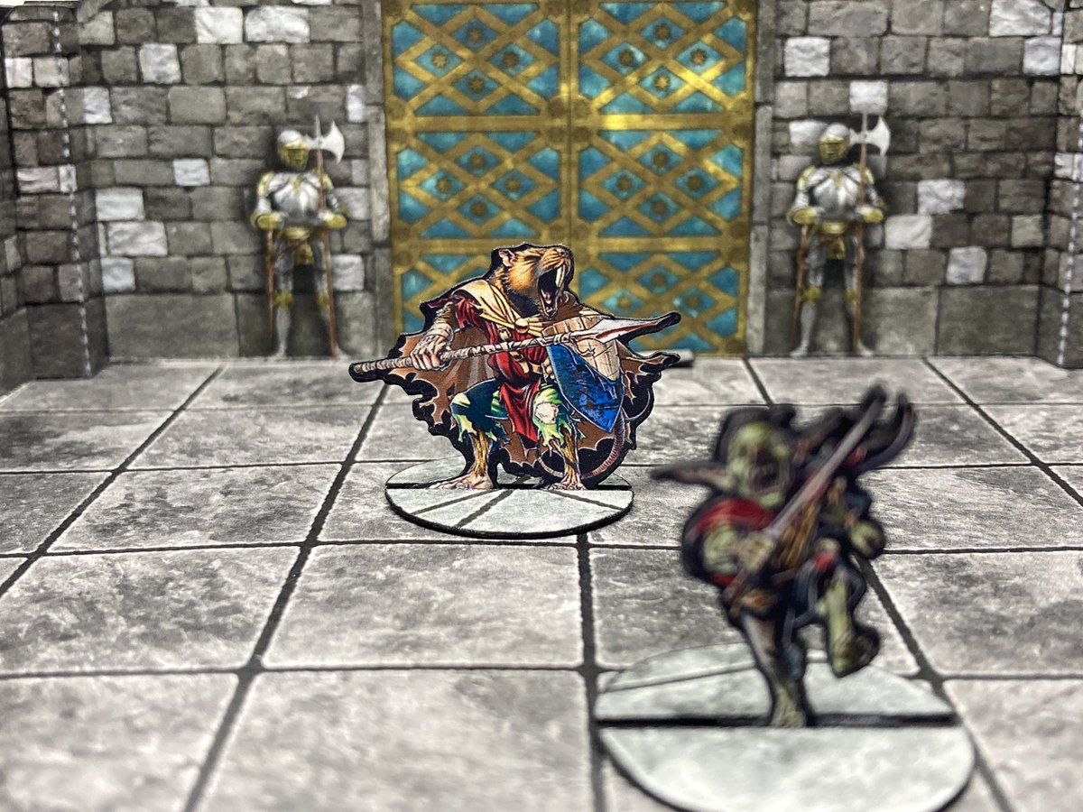 Sharing a love of paper minis for #ttrpg, here’s two recent minis from <a href="/Kevslounge/">Dungeon Designer Kev</a>! Why do you imagine this scared little goblin tried to sneak into the palace of the rat king? RUN LI’L FELLA! Do you have a favorite paper mini maker?