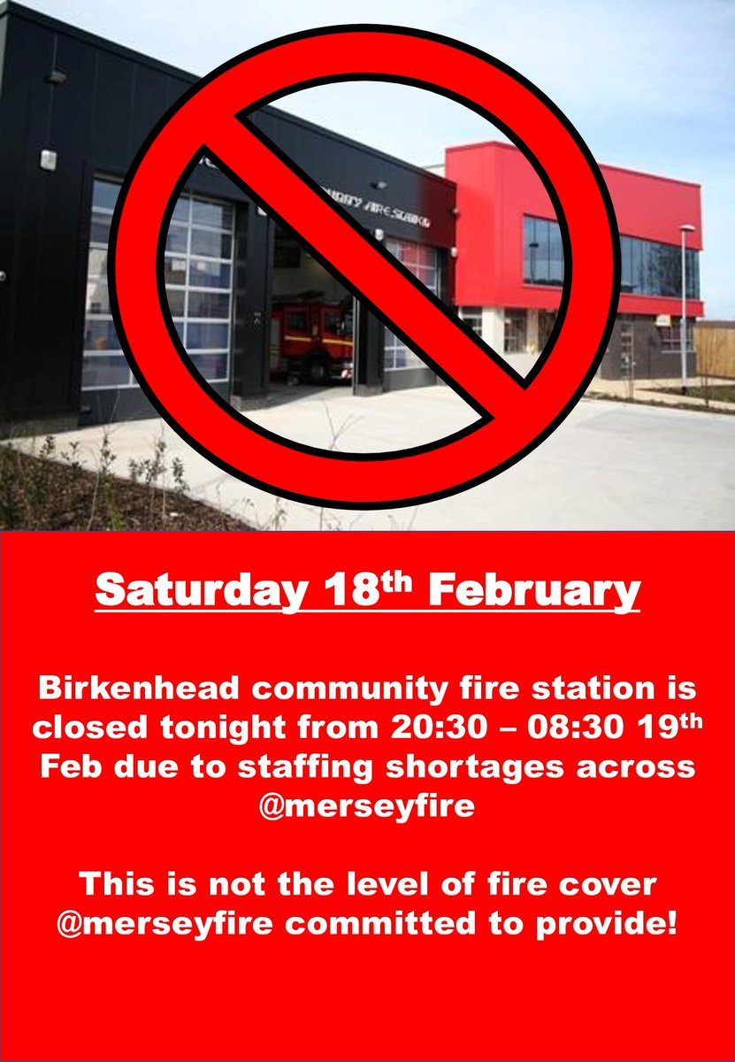 The public of Birkenhead are once again relying on fire cover from neighbouring stations as their station is closed their firefighters sent to provide cover elsewhere in @MerseyFire . @MickWhitleyMP @MGreenwoodWW @JoBirdJoBird @CllrBrianKenny @CllrAnnaRothery #EnoughlsEnough