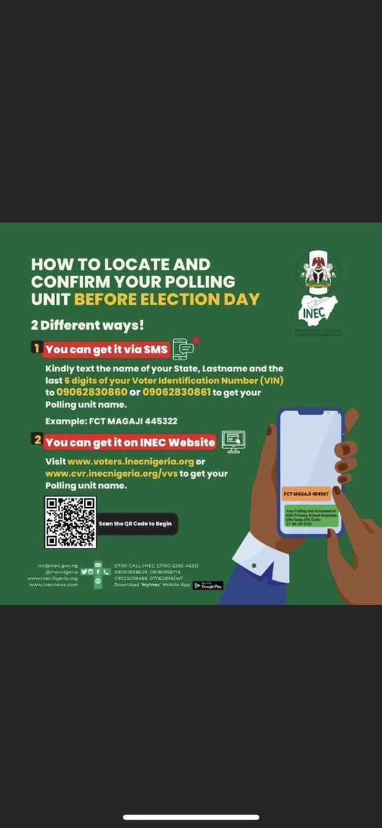 MESSAGE TO VOTERS FROM INEC CHAIRMAN

📍Identify your PU before 25th 
      Feb
📍Text State, last name &amp; last 6 digits of your VIN to 09062830860 or 09062830861 for your PU name 
           OR
📍Visit voters.inecnigeria.org OR 
    cvr.inecnigeria.org/vvs for your 
    PU name