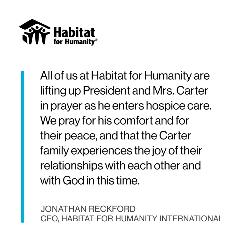 Habitat_org's tweet photo. A statement from our CEO @JReckford on former President Carter’s health: https://t.co/qJY8Q7jhFt
