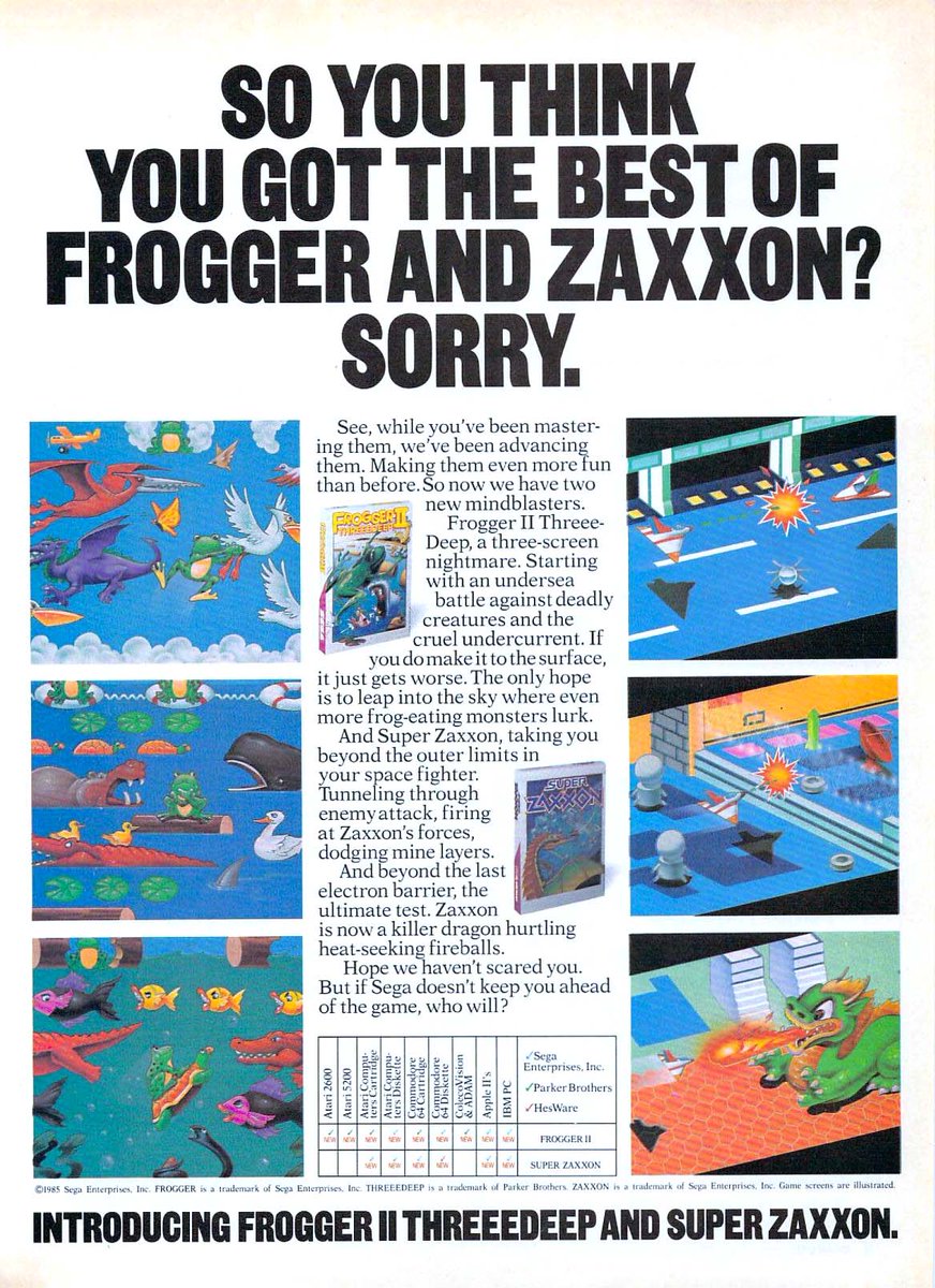 doteaters's tweet photo. Sega and Parker Brothers brought two sequels to two of the biggest games in the arcades of the 80's home to your computer systems, 1985 ad.

#videogames #retrogames #arcade #gaming #bitstory https://t.co/Q8eJyQ013q