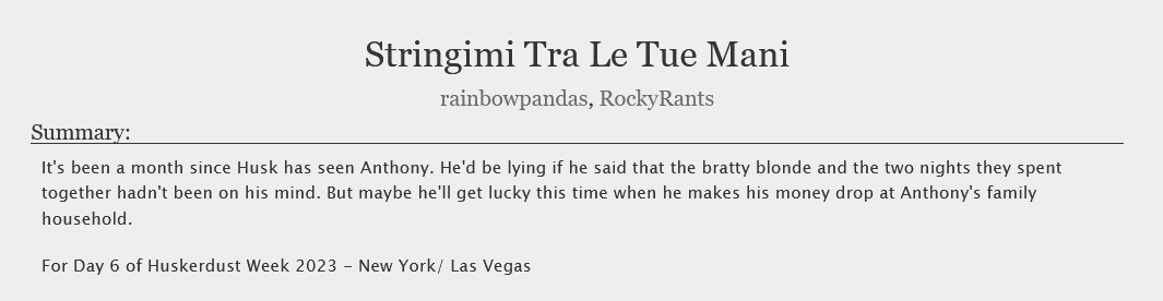 rainbowopandas's tweet photo. It's time for Mob!Husk AU 2, Electric Boogaloo!
2 years ago @Rocky_ropes and I wrote the fic Dimmi Cose Sconce and this is the follow up! So glad we could finally write this for #Huskerdustweek2023!
🔞This fic contains NSFW content🔞
https://t.co/vVnou3u5H4
#Huskerdust #angelhusk https://t.co/TIOBS7PO8Q
