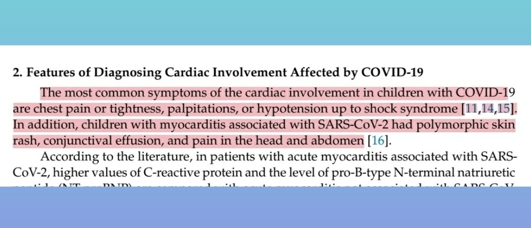 Description of signs and symptoms of cardiac involvement in children post Covid. Among these are tightness or pain in the chest, palpitations and hypotension.