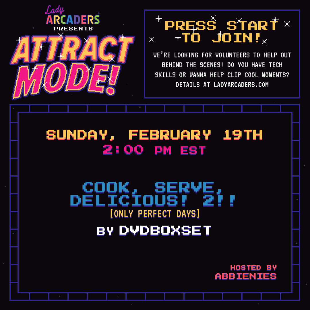 ladyarcaders's tweet photo. SUNDAY'S ATTRACT MODE!!
@DVDBoxSet is returning to #AttractMode with #CookServeDelicious2 (Only Perfect Days)! She'll show off her best skills in her restaurant while fighting thieves and tenderizing meats! @ZOMGAbbie will be hosting!
https://t.co/1dEggQIqNS π
#WomenInGaming https://t.co/iyiodzSgK6