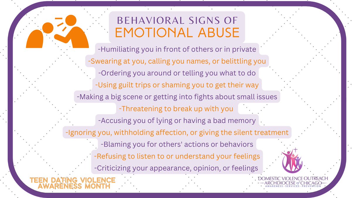 dvochicago's tweet photo. #BehavioralSigns of #EmotionalAbuse to share with your teen. No one should be disrespected or mistreated in their relationship. #TDVAM23 #BeAboutIt #TalkAboutIt #LoveisRespect #ACDVO #dvochicago @loveisrespect @ILCADV @NOMOREorg @nnedv @ndvh https://t.co/w5bY2guWvX