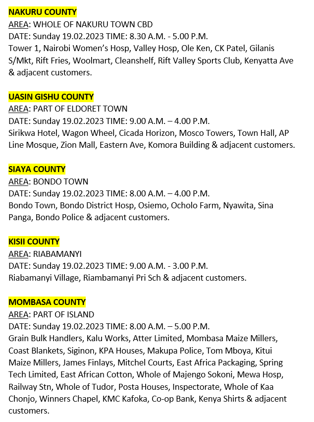 KenyaPower_Care's tweet image. Hello, these areas will be affected by planned power interruptions tomorrow: ^BT