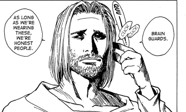 Sorazz9's tweet image. I saw an interesting detail when reading level E. We can find a similar character to Tserriednich (design-wise) confront a woman that can detect lies and kill people who do so. And in Hxh Tserriednich's beast  detects lies and curses women who lie.

Coincidence? Lol

#hxh #levele