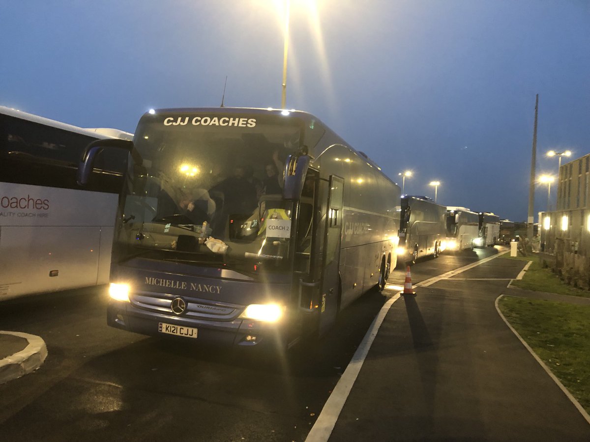 Thousands of school children stuck on coaches at border control at Calais. We’ve been here since 2pm. No water, no food and no information #bbcnews #itvnews #skynews