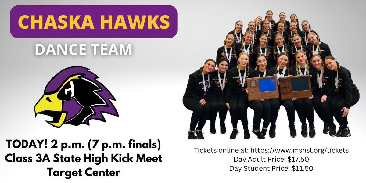 Chaska High School (@chaskahawks) on Twitter photo Good luck to our <a href="/ChaskaDanceTeam/">Chaska Dance Team</a> as they compete in the MSHSL High Kick Dance Team State Tournament today!
AAA prelim competition starts at 2pm (finals qualifiers announced @ 4:15pm, finals start @ 7:15pm)
🎟️mshsl.org/tickets
📺 nspn.tv/MSHSL
#soarhawks Good luck to our <a href="/ChaskaDanceTeam/">Chaska Dance Team</a> as they compete in the MSHSL High Kick Dance Team State Tournament today!
AAA prelim competition starts at 2pm (finals qualifiers announced @ 4:15pm, finals start @ 7:15pm)
🎟️mshsl.org/tickets
📺 nspn.tv/MSHSL
#soarhawks