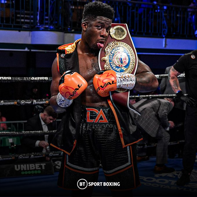 BTSportBoxing5's tweet photo. Perfect shot after the fight 📸

Congratulations 
@davidadeleye
. THE NEW WBO EUROPEAN HEAVYWEIGHT CHAMPION 🏆 https://t.co/UsCu07xo0C