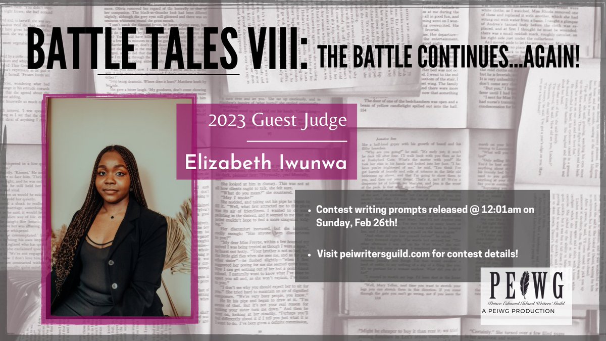 "Battle Tales VIII" starts in one week!

Great stories take time and inspiration. For this friendly writing contest you will have neither!

One week. 2500 words.  We provide the prompts, YOU provide the best story possible!

Contest details at our peiwritersguild.com website