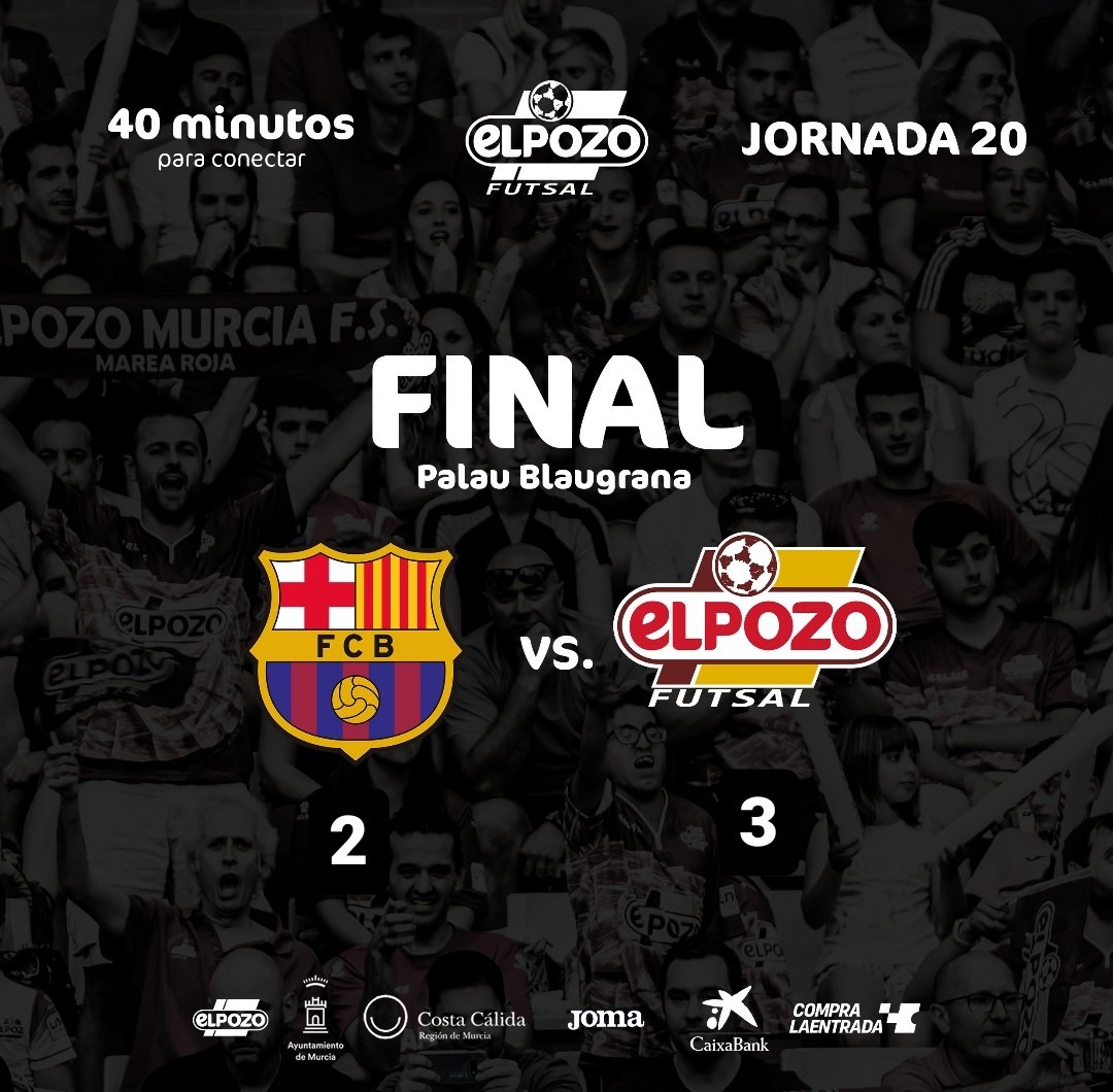 ElPozo Murcia Costa Cálida FS (@elpozomurcia_fs) on Twitter photo 🔥🏟️ J° 20| FINAL!!!!!
VICTORIA EN EL PALAU ‼️‼️‼️
<a href="/FCBfutbolsala/">Barça Futbol Sala</a> 2
ElPozo Murcia Costa Cálida FS 3
⚽ <a href="/FelipeValerio07/">Felipe Valerio</a>
⚽ Taynan
⚽ <a href="/dariiiio21/">Dario Gil Campoy</a>
#BarçavsElPozo 🔥🏟️ J° 20| FINAL!!!!!
VICTORIA EN EL PALAU ‼️‼️‼️
<a href="/FCBfutbolsala/">Barça Futbol Sala</a> 2
ElPozo Murcia Costa Cálida FS 3
⚽ <a href="/FelipeValerio07/">Felipe Valerio</a>
⚽ Taynan
⚽ <a href="/dariiiio21/">Dario Gil Campoy</a>
#BarçavsElPozo