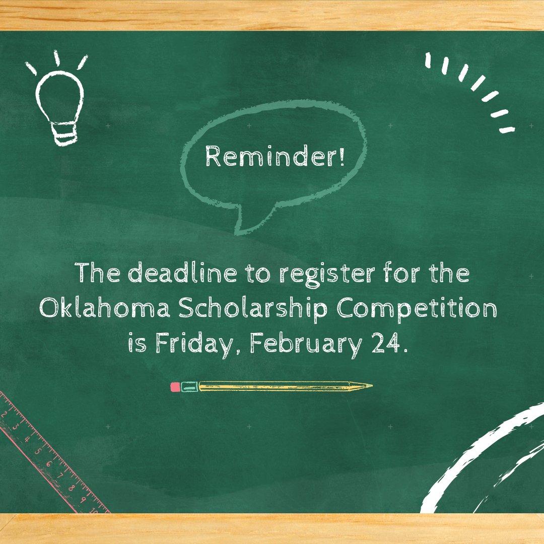 OklahomaHoF's tweet photo. ⏰Reminder: the deadline for high school students in grades 9 - 12 to compete for more than $750,000 in available scholarships through the Oklahoma Scholarship Competition is approaching. Register here for online testing: https://t.co/vIZcSU6I7R https://t.co/imJCg1nMUH
