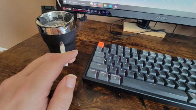 We're gonna try something a little different this morning.  Ashtray next to smoking hand, coffee far