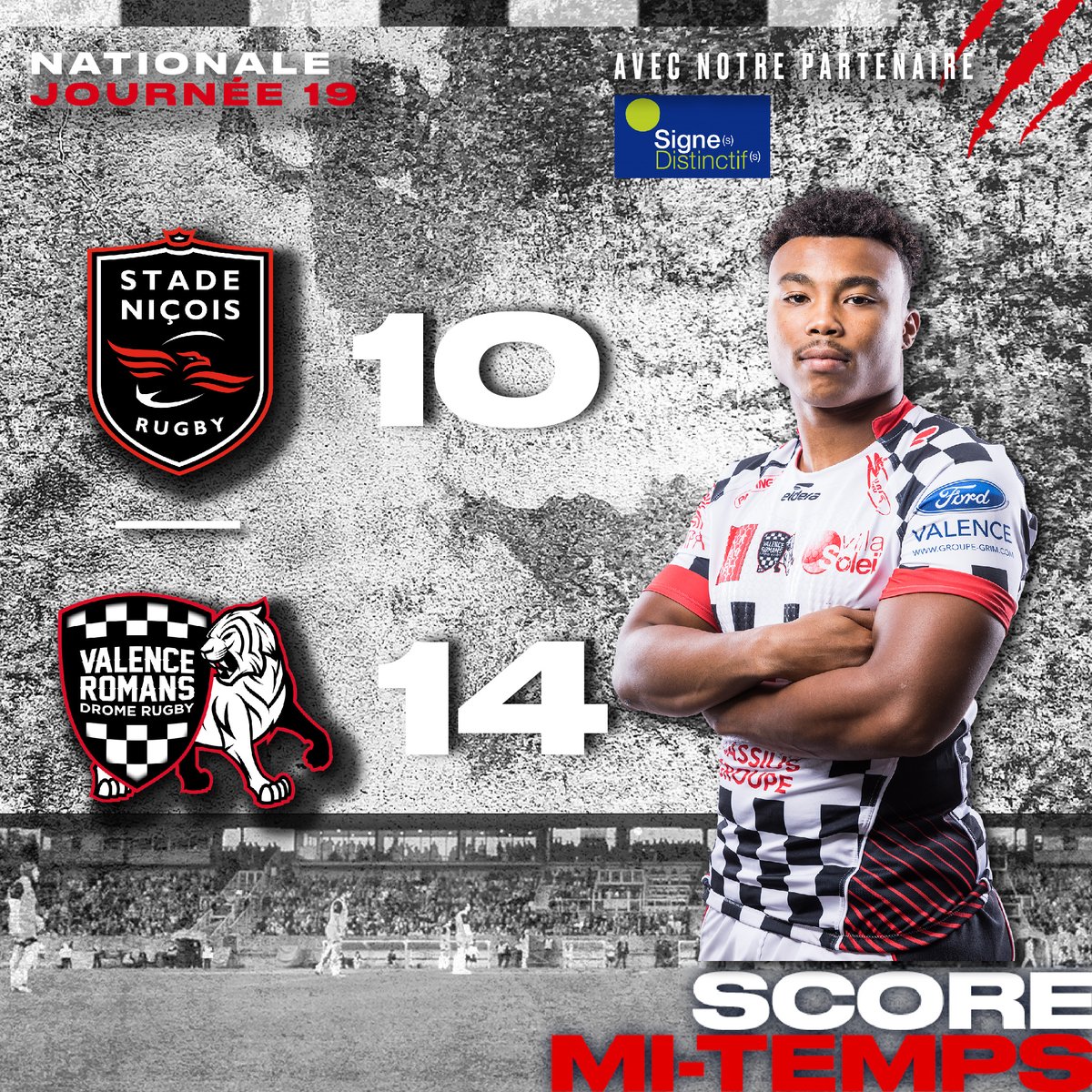 VRDRrugby's tweet photo. [𝐌𝐈-𝐓𝐄𝐌𝐏𝐒 présentée par Signes Distinctifs : @stadenicois ⚡️ 𝚅𝚁𝙳𝚁]

C'est la mi-temps !  Les Damiers mènent cette rencontre sur le score de 10 à 14.  Allez Damiers ! 🏁

📲 Venez suivre le live commenté sur l’application du VRDR !

#SNVRDR #ALLEZDAMIERS #TEAMVRDR https://t.co/PLkxQQwAxN