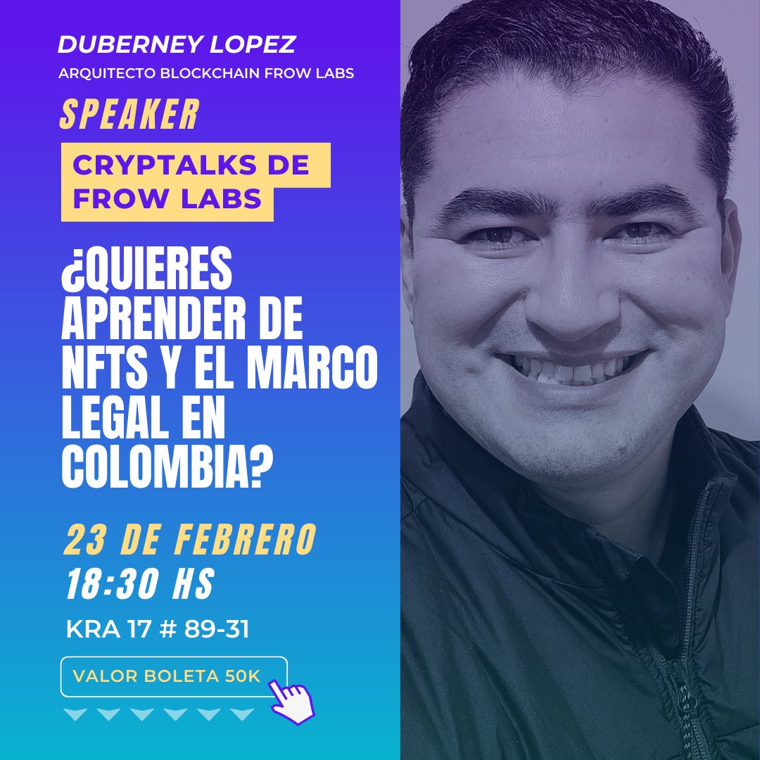 frowcoolture's tweet photo. ¿Quieres aprender de activos digitales y los marcos legales de ellos en #Colombia? #CRYPTalks de @FrowLabs el próximo 23 de Febrero. @asoblockchain @mj_thedisrupt3r @camilosuarezven Escríbenos para más info. https://t.co/3oGyQ03ivl