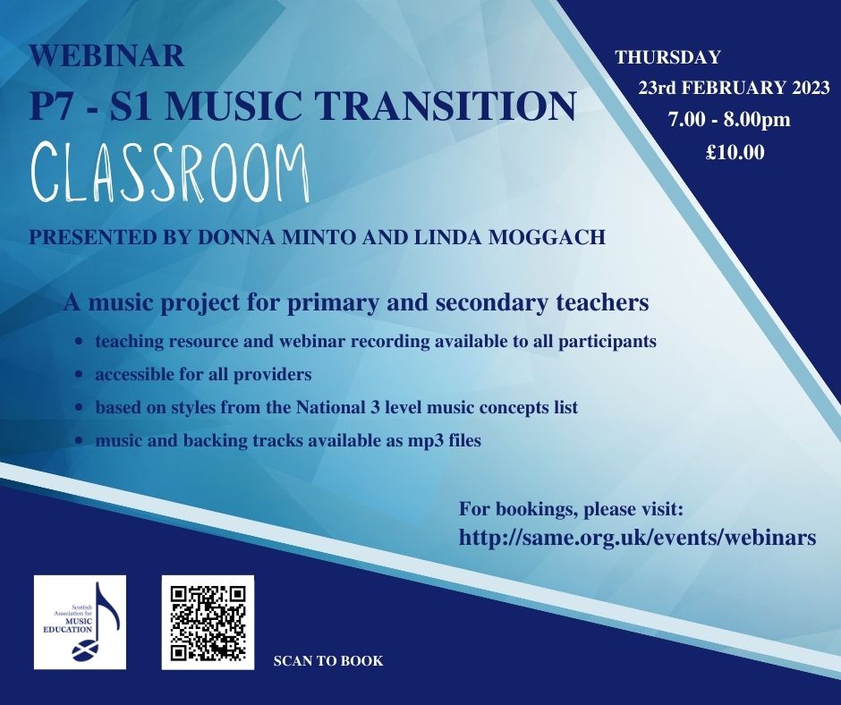P7 - S1 Music Transition Webinar
Book online:
same.org.uk/events/webinar… 
This online event supports the transition of learners from Primary 7 to Secondary 1 in the music classroom.
#primarymusic #p7s1transition #musiceducation