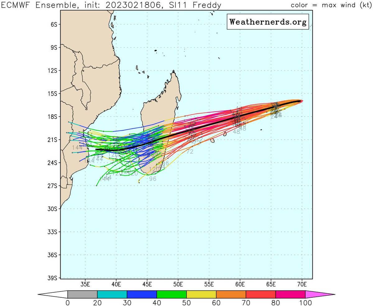 Encore quelques incertitudes sur le point d'impact final mais la côte est de #Madagascar devrait subir l'arrivée du cyclone #Freddy en début de semaine prochaine. 