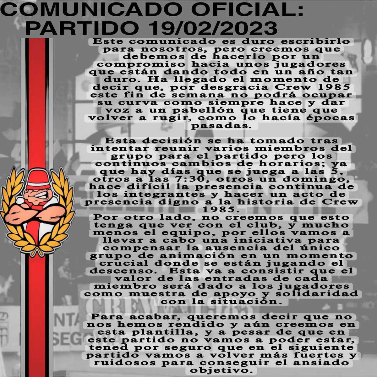 COMUNICADO OFICIAL: PARTIDO 19/02/2023. 
A pesar de no poder ir al partido seguimos confiando en el equipo y animaremos desde la distancia.