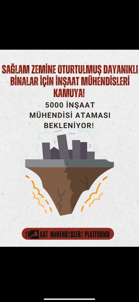 mustafatihc's tweet photo. @murat_kurum Yıllarca kamu kurumlarında yeteri kadar istihdam edilmediğimiz konusunda çağrıda bulunduk. Ülkemizde yaşadığımız deprem sonunda oluşan bilanço talebimizde ne kadar haklı olduğumuzu göstermektedir. İnşaat mühendisleri kamuda yer almayı bekliyor. https://t.co/BPomn01z0Z