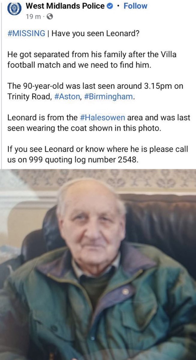 URGENT 

Leonard got seperated from his family after the Villa v Arsenal game today. He's 90.

Let's get him home safely.