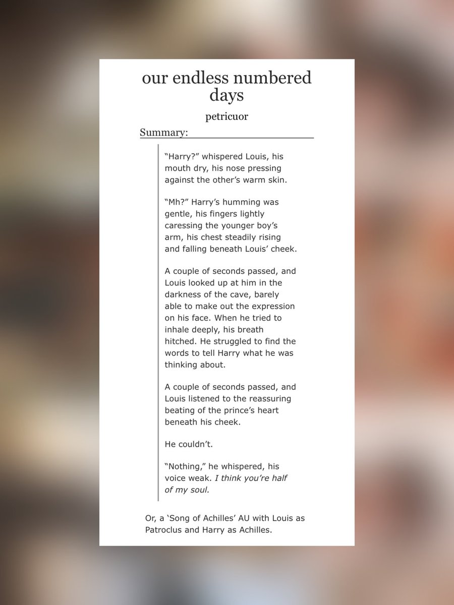 OUR ENDLESS NUMBERED DAYS 
♡ the song of achilles fic 🏛️
♡ archiveofourown.org/works/44585014…
