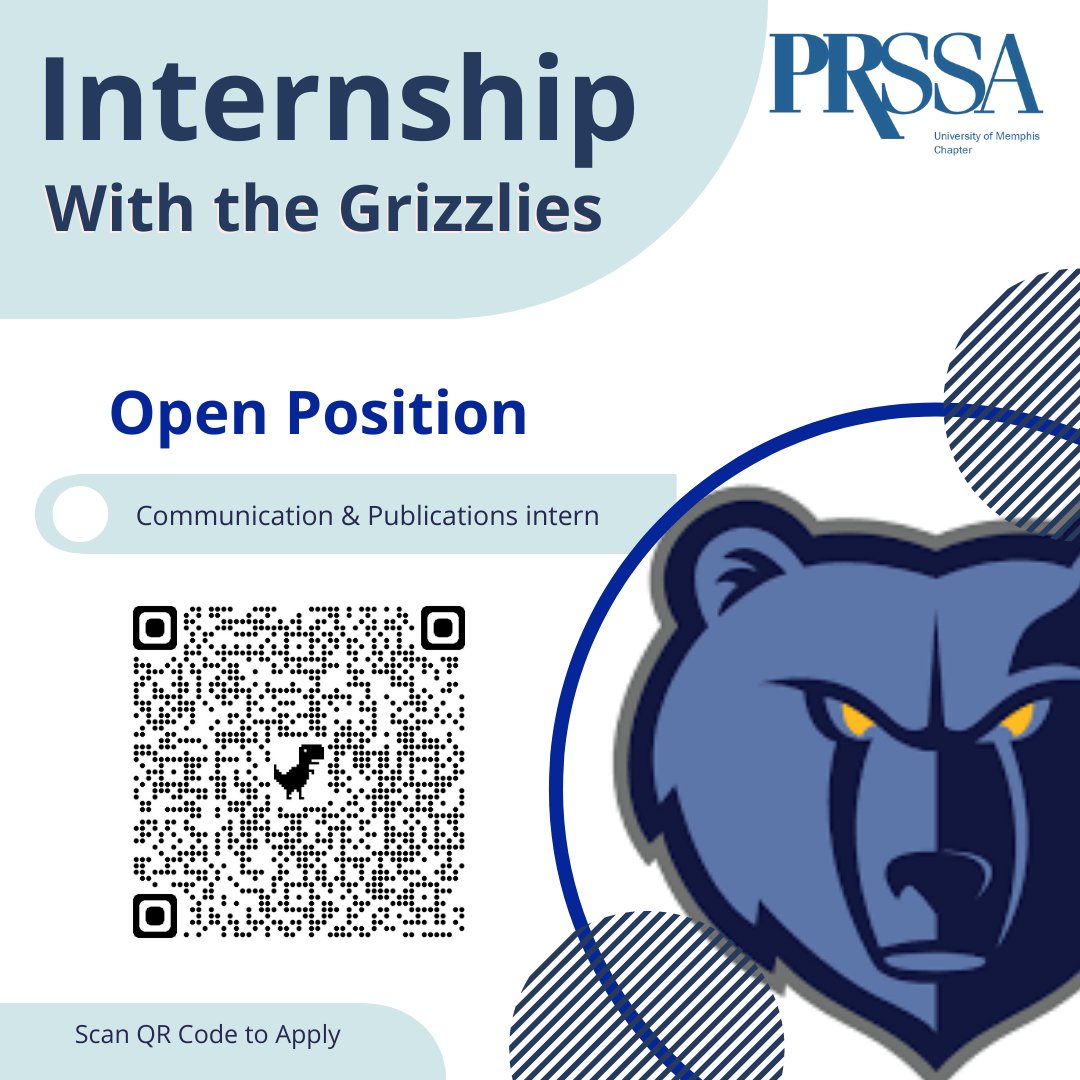 MemphisPRSSA's tweet photo. Looking for an Internship? @memgrizz is looking for a communications and publications intern! Scan the QR Code or click the link below to apply. 
https://t.co/yXtQUzSqS6 
#PRSSA #PRSA #Memphisjrsm #GoTigersGo #UniversityofMemphis #UofMemphis #MemphisGrizzlies #internship https://t.co/qf9QOnZXJn