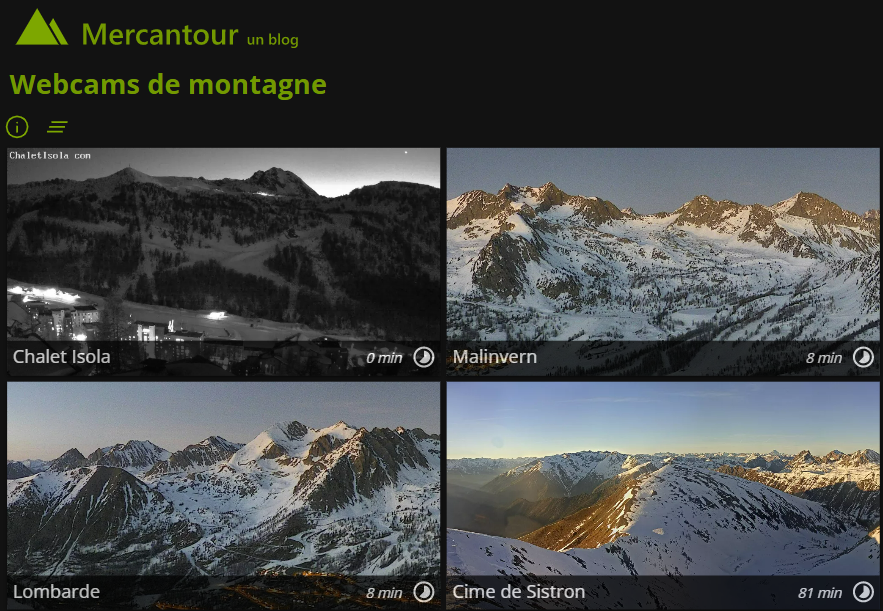 imercantour's tweet photo. 🆕Mise à jour de notre page de webcams de montagne
Rafraîchissement dynamique, esthétique améliorée, mode plein écran et mode sombre ... mais surtout plein de nouvelles images, du Mercantour à l'Everest en passant par les Alpes et les Pyrénées.
C'est là : https://t.co/M2hfW54HT6 https://t.co/Wl7uURITFX