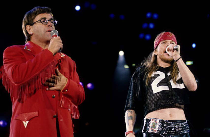 crockpics's tweet photo. Elton John &amp; Axl Rose at The Freddie Mercury Tribute Concert for AIDS Awareness, 1992. Photo by Kevin Mazur https://t.co/tQ8midWJAB