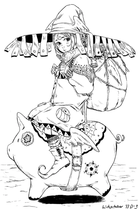 Kind of a redraw? Maybe? Decided I wanted to rework this traveling merchant witch who rides an enchanted giant piggy bank from witchtober back in 2020 b/c I really liked her 