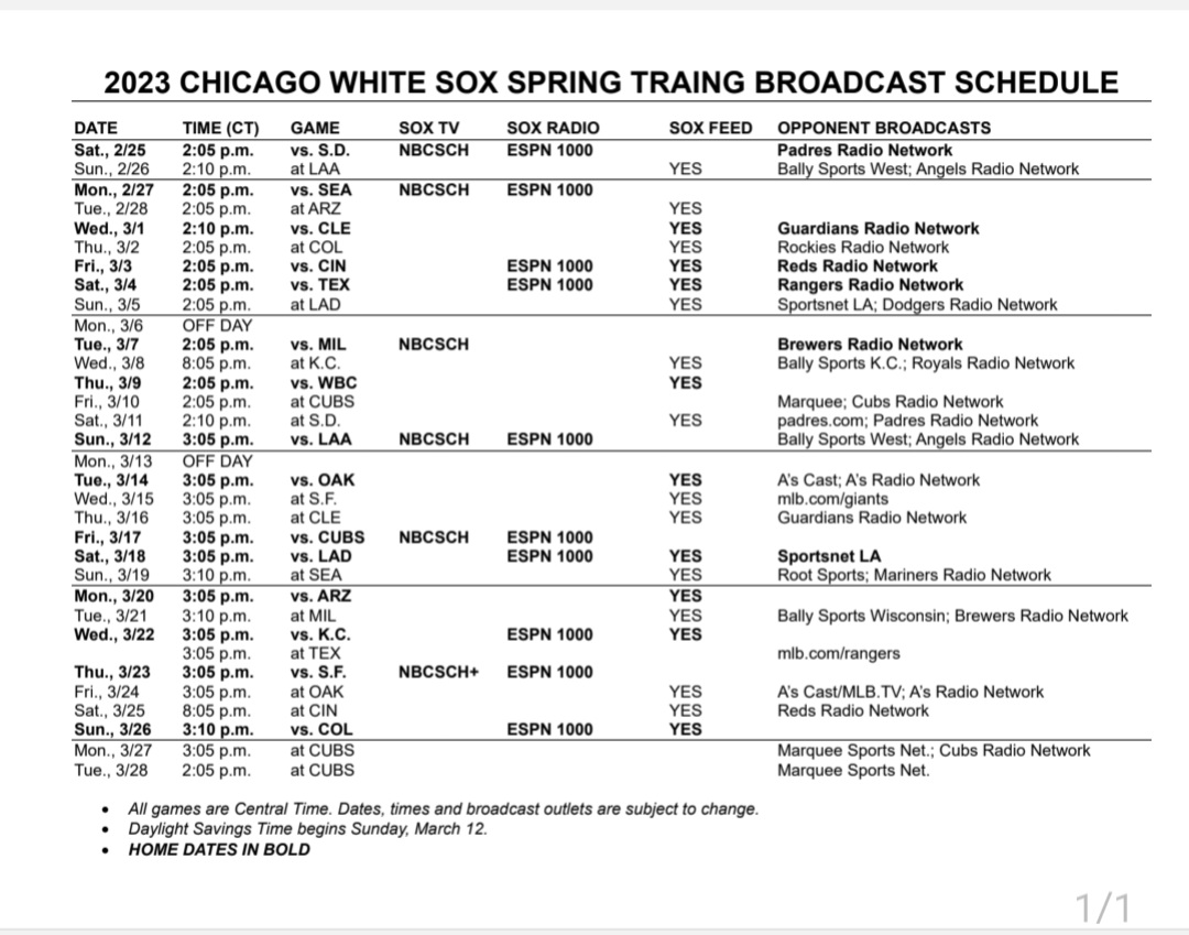 LaMond Pope on Twitter "White Sox spring training broadcast schedule"