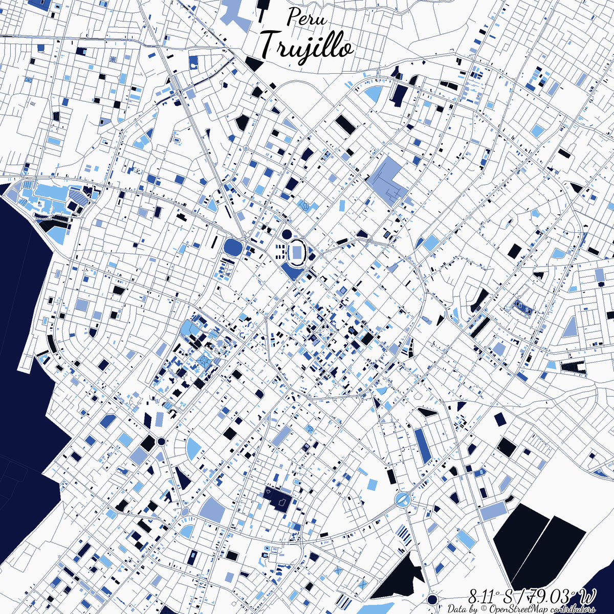 Image of Trujillo, Peru created in #rstats using data from #OpenStreetMap. https://t.co/usXmD4qK1n