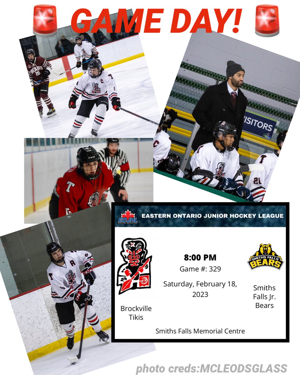 🚨GAME DAY!🚨Your Brockville Tikis are heading to Smiths Falls tonight for a match against the Smiths Falls Jr. Bears. Puck drop at 8:00pm. <a href="/theEOJHL/">The EOJHL</a> Let’s roll Teeks!! #TikisGameDay #BrockvilleTikis #tikitime #rollteeks #EOJHL