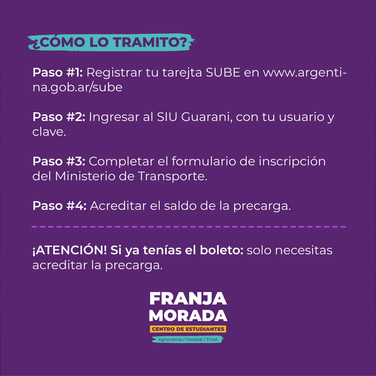 CEAFranjaMorada's tweet photo. ¡VUELVE EL BOLETO ESTUDIANTIL! 🚌
Te dejamos la información sobre la vinculación del Boleto Estudiantil a tu tarjeta SUBE, si ya contas con este beneficio solo debes acreditar la carga.
FRANJA MORADA 💜 - CALDÉN
CONDUCCIÓN CEAF
#FranjaMorada #CEAF #FCAyF #UNLP https://t.co/wFUyTcpWGI