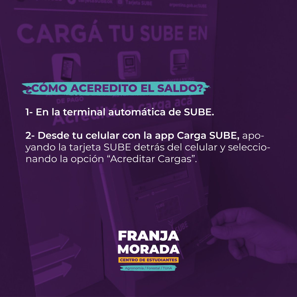CEAFranjaMorada's tweet photo. ¡VUELVE EL BOLETO ESTUDIANTIL! 🚌
Te dejamos la información sobre la vinculación del Boleto Estudiantil a tu tarjeta SUBE, si ya contas con este beneficio solo debes acreditar la carga.
FRANJA MORADA 💜 - CALDÉN
CONDUCCIÓN CEAF
#FranjaMorada #CEAF #FCAyF #UNLP https://t.co/wFUyTcpWGI