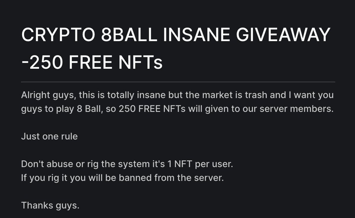 Join our server for this insane giveaway and get a free playable NFT for our upcoming game <a href="/Arcadian8Ball/">Crypto 8Ball</a> 

discord.gg/arcadian 

#Arcadian #Avalanche #FreeNFTs