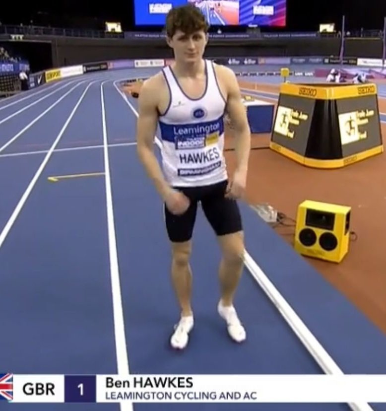 R_Hawkes's tweet photo. This is my nephew Ben Hawkes running just now in the men's 400m semi-final at the British Indoor Athletics Championships. Incredible. He must be so pleased he inherited genes from me and not from @Hawkessteve his lazy father. https://t.co/ZcBjlZCUk0
