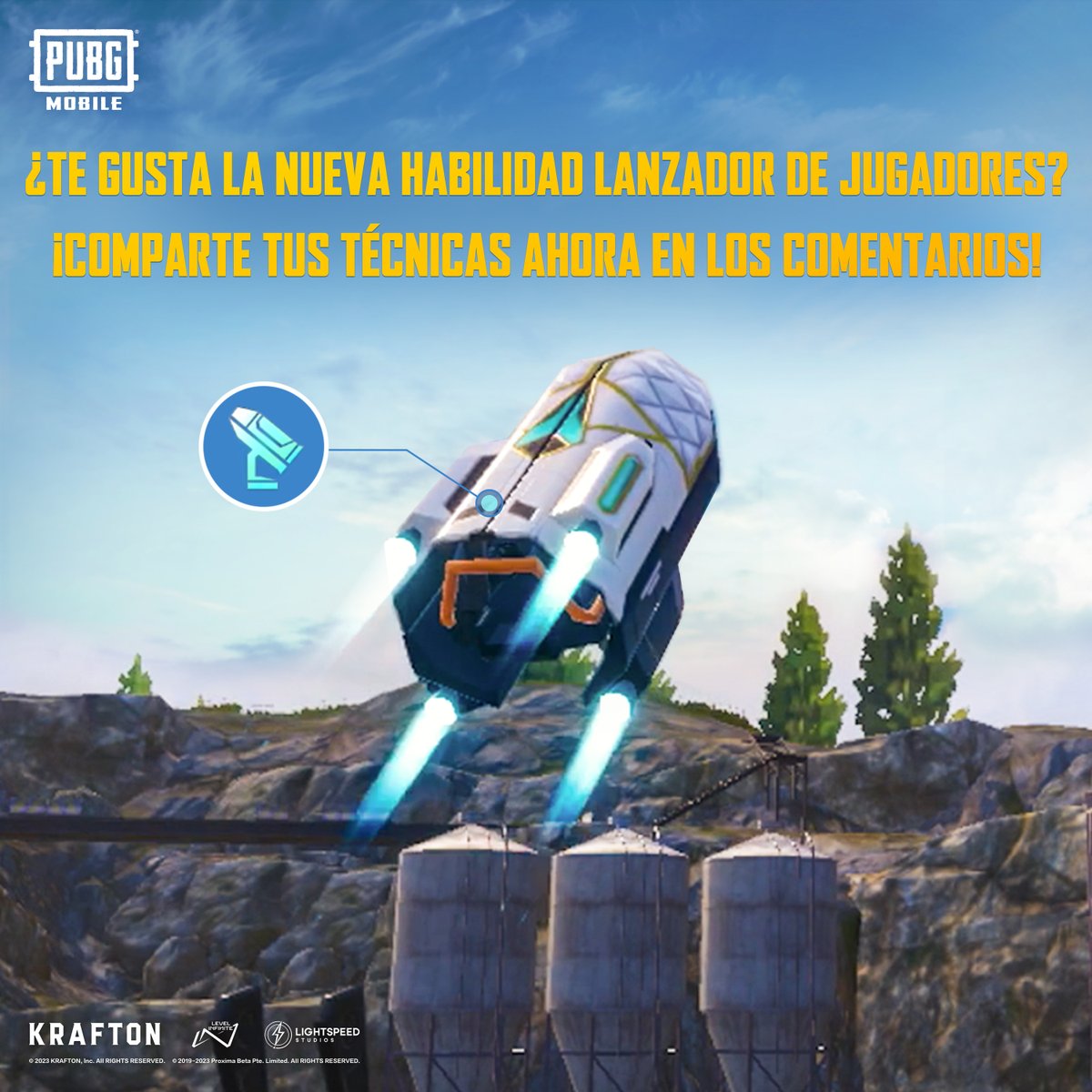 PUBGMOBILELATAM's tweet photo. Domina el campo de batalla con el nuevo lanzador de jugadores. 💥
Compártenos tus mejores tácticas de batalla. 👇
Reclama tus pollitos 🍗 🍗: https://t.co/eCyhN9ogPe
#PUBGMOBILE
#PUBGMOBILEC4S10
#PUBGMSKILL
#GEARFRONT https://t.co/AzujZCy8xp